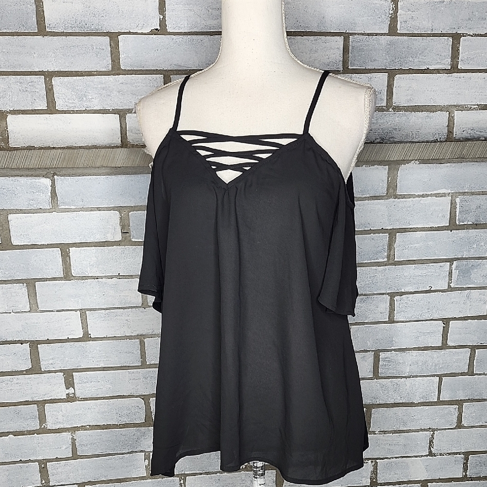 NWT California Happenings Chic Cold Shoulder Black Women's Blouse Medium Sheer